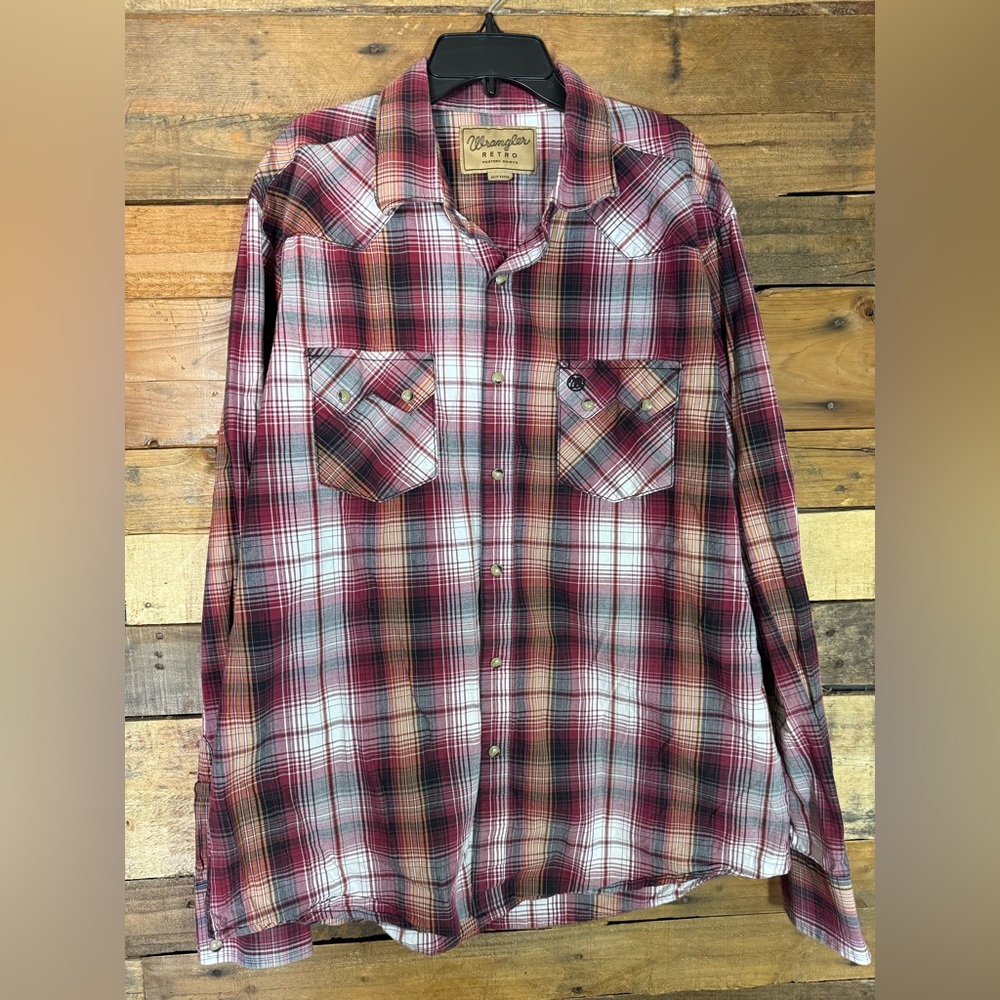 Wrangler Retro Pearl Snap Long Sleeve‎ Shirt Men's Medium Plaid Red Black